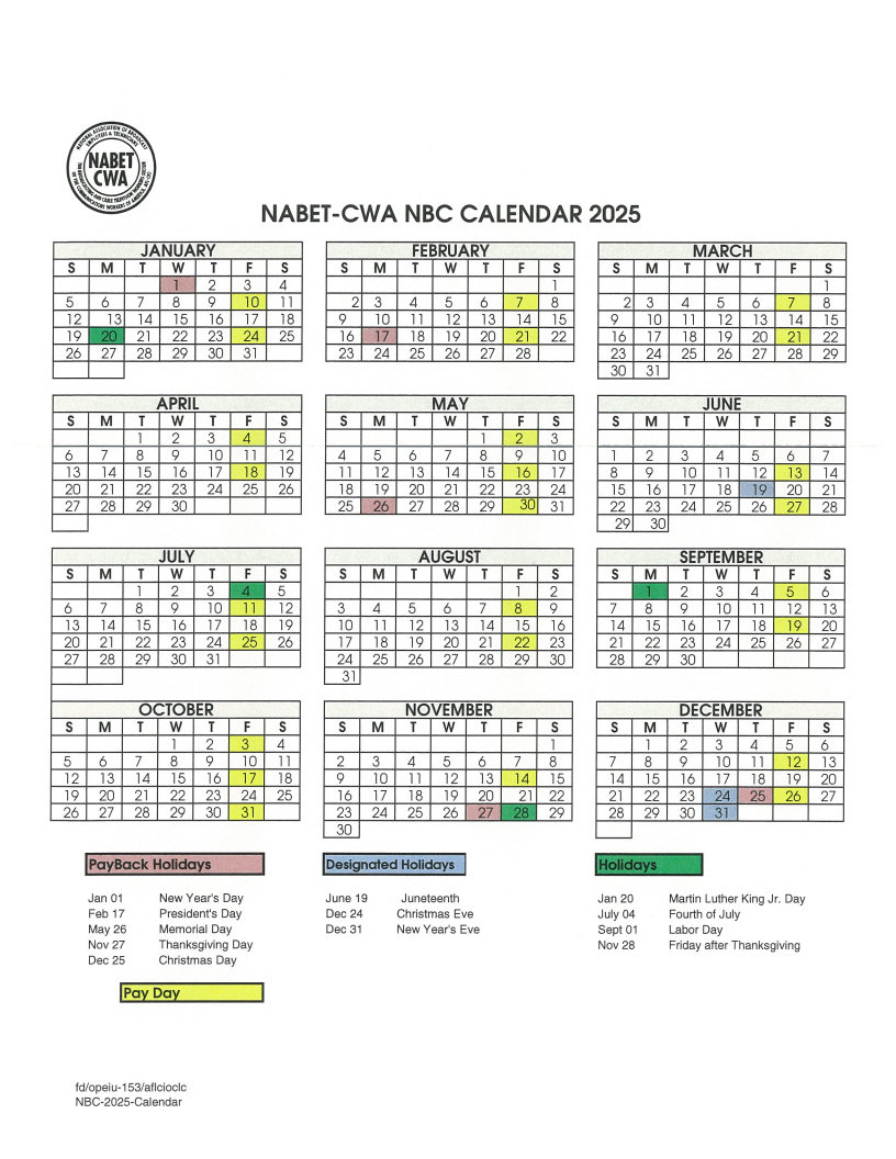 2025 NBC Vacation Calendar